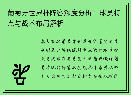 葡萄牙世界杯阵容深度分析:球员特点与战术布局解析